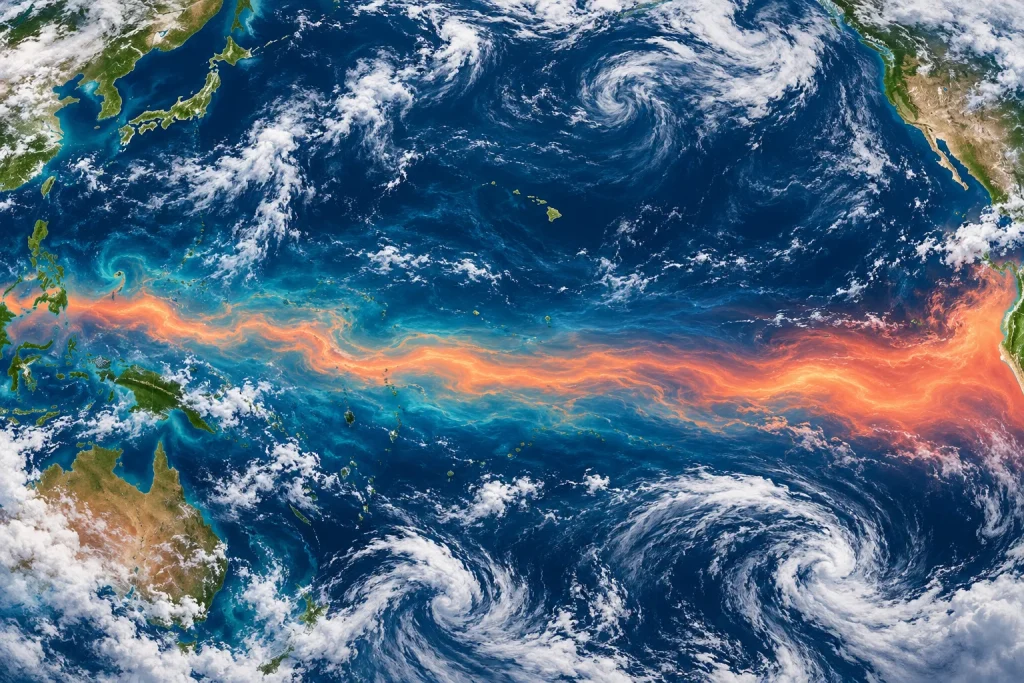太平洋の赤道付近に暖色を配したエルニーニョの概念イラスト