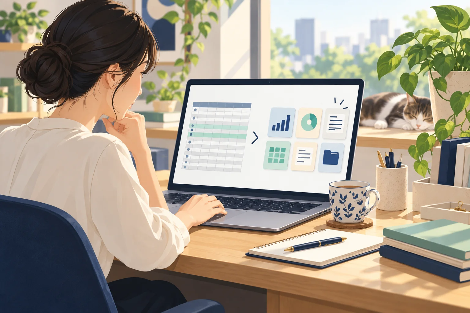 ノートパソコンで表形式データを整理する作業風景のイラスト