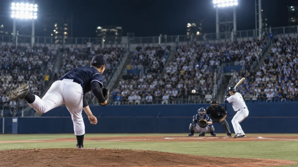 夜の野球場で行われるクライマックスシリーズを表現したイメージ