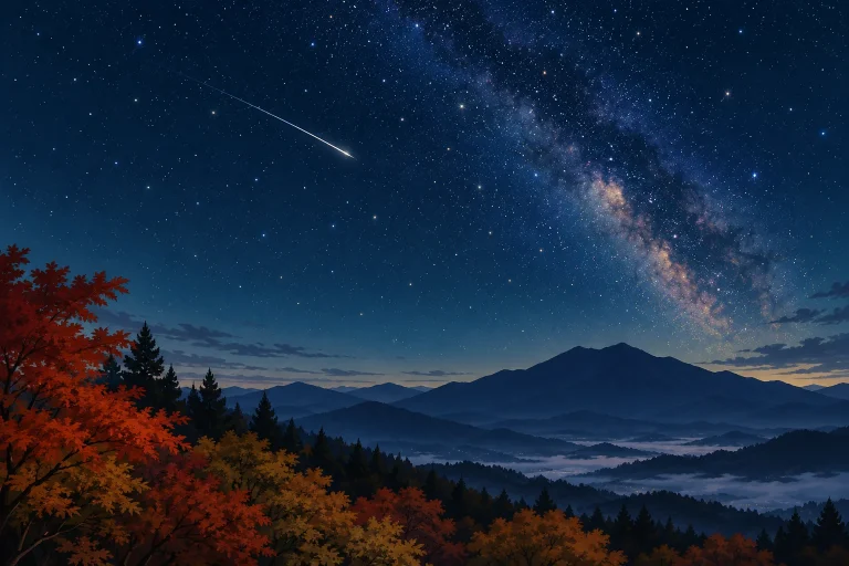 山の稜線の上に星空と一筋の流星を描いたイメージ