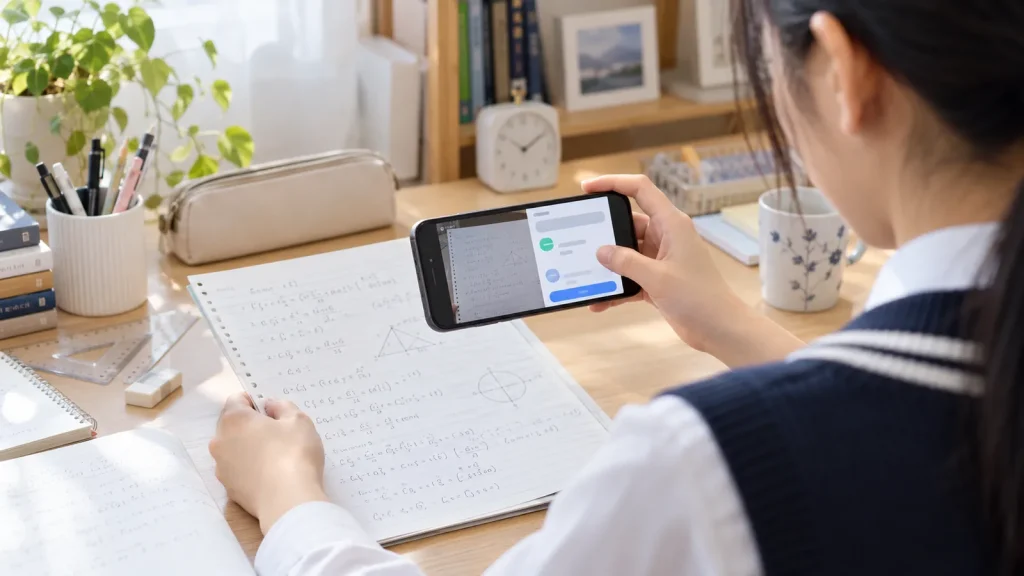 高校生が手書きの数学答案をスマートフォンで撮影する学習風景