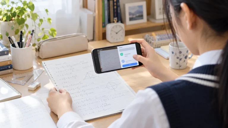 高校生が手書きの数学答案をスマートフォンで撮影する学習風景