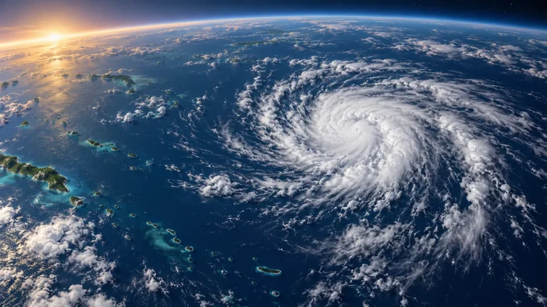 西太平洋上で渦を巻く台風を宇宙から見た説明用イメージ